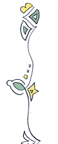 Abstract design with leaf and star shapes connected by dotted lines.